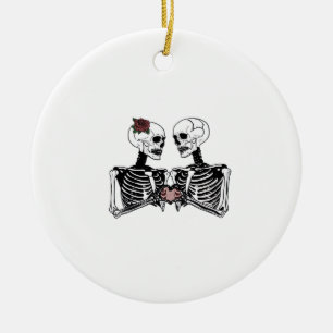 Romantic Skeleton Couple Gothic With Heart Hands Ceramic Ornament