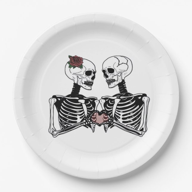Romantic Skeleton Couple – Gothic With Heart Hands Paper Plate (Front)