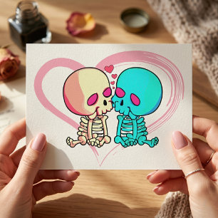 Romantic Skeleton Couple Kissing in Pink Heart Postcard