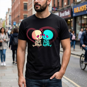 Romantic Skeleton Couple Kissing in Pink Heart T-Shirt