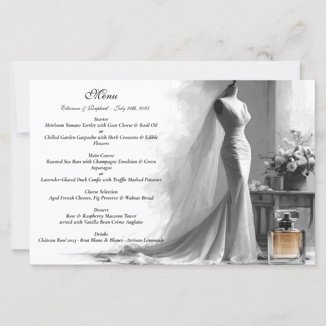 Romantic Sketch Wedding Menu with Vintage Perfume  (Front)