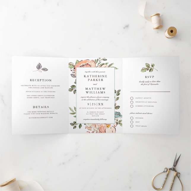 Romantic Sketchbook Florals All-In-One Wedding Tri-Fold Invitation (Inside)