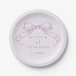 Romantic Sketched Bow l Lilac Couple Names Wedding Paper Plate
