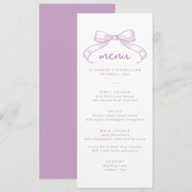 Romantic Sketched Bow | Lilac Background Wedding   Menu (Front/Back)