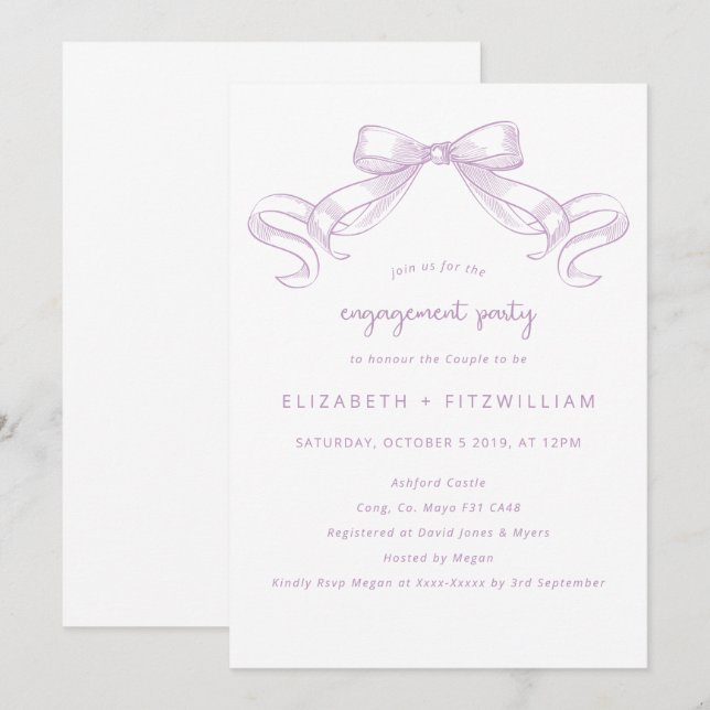Romantic Sketched Bow | Lilac Engagement Party Invitation (Front/Back)