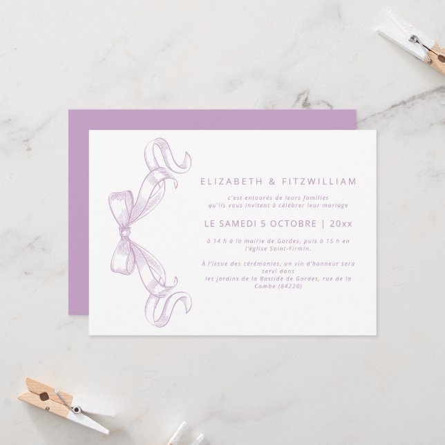 Romantic Sketched Bow | Lilac French Wedding  Invitation (Front/Back In Situ)
