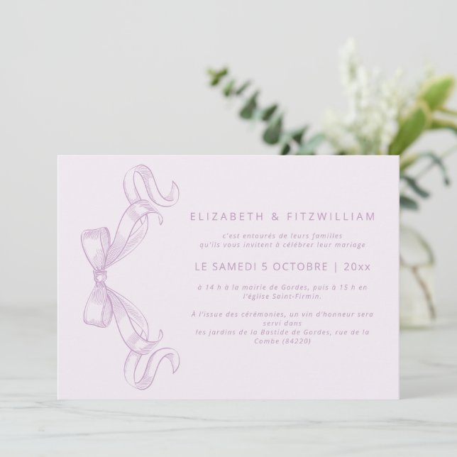 Romantic Sketched Bow | Lilac French Wedding  Invitation (Standing Front)