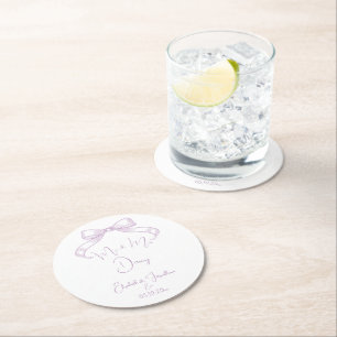 Romantic Sketched Bow Lilac Mr. & Mrs. Est. Round Paper Coaster