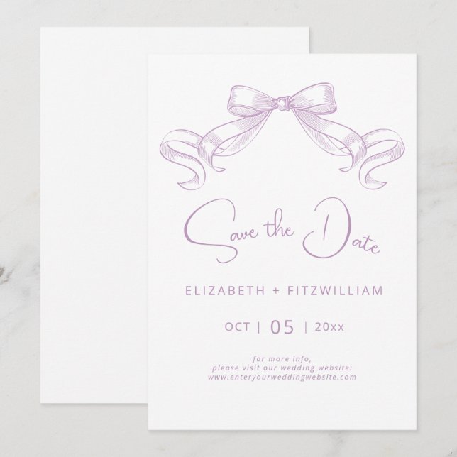 Romantic Sketched Bow | Lilac Save The Date Card (Front/Back)