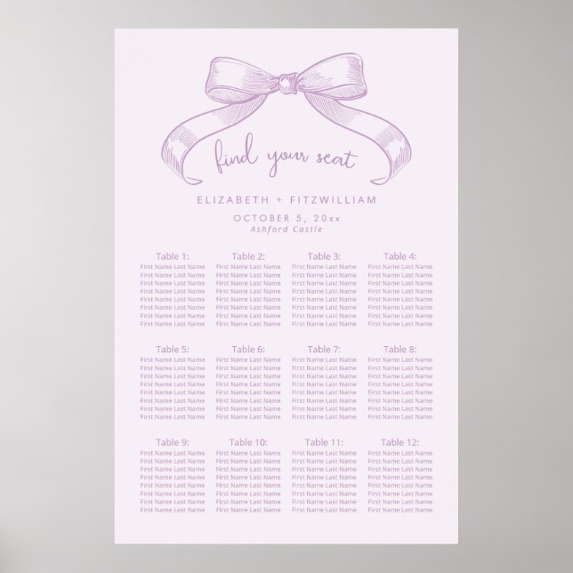 Romantic Sketched Bow | Lilac Seating Chart Poster (Front)