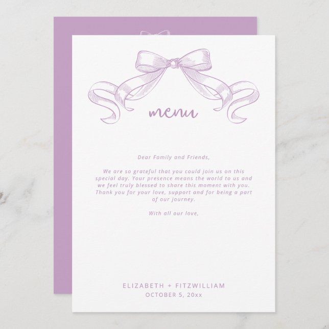 Romantic Sketched Bow | Lilac Thank You Note  Menu (Front/Back)
