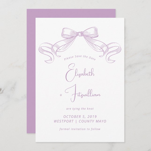 Romantic Sketched Bow | Lilac Tie The Knot  Save The Date (Front/Back)
