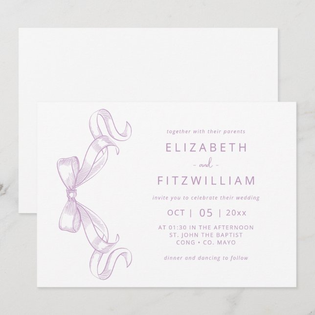 Romantic Sketched Bow | Lilac Wedding  Invitation (Front/Back)
