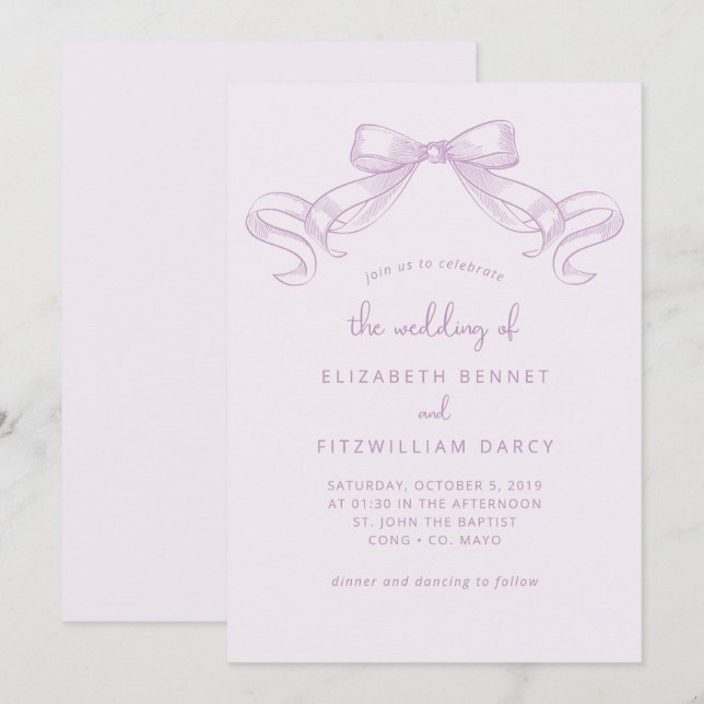 Romantic Sketched Bow | Lilac Wedding Of Invitation (Front/Back)