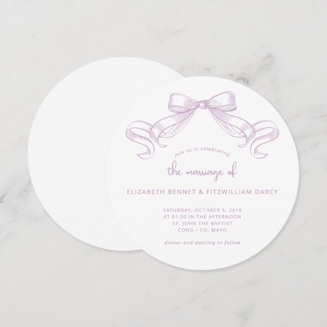 Romantic Sketched Bow | Lilac Wedding Of Round  Invitation (Front/Back)