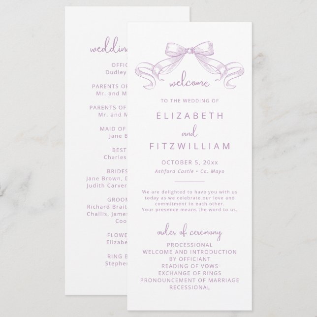 Romantic Sketched Bow | Lilac Wedding  Program (Front/Back)