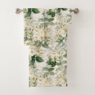 Romantic Smooth White Flowers and Green Leaves Bath Towel Set