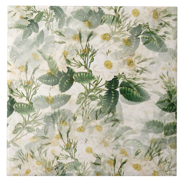Romantic Smooth White Flowers and Green Leaves Ceramic Tile (Front)