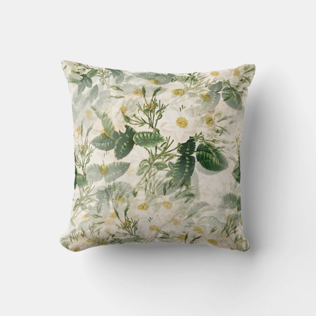 Romantic Smooth White Flowers and Green Leaves Cushion (Front)