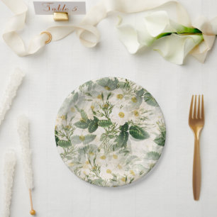 Romantic Smooth White Flowers and Green Leaves Paper Plate