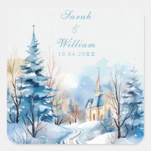 Romantic snowy church wedding square sticker
