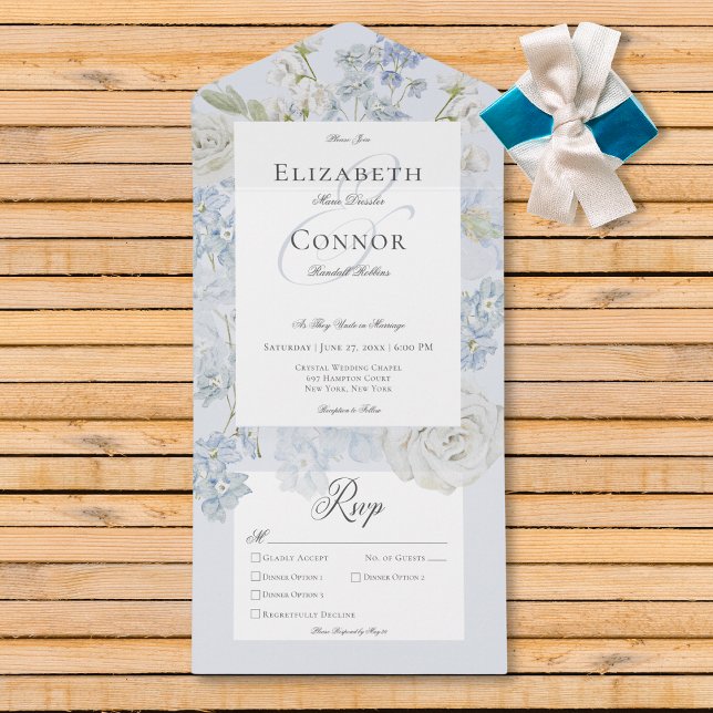 Romantic Soft Blue & White Garden Floral Dinner All In One Invitation (Romantic Soft Blue & White Garden Floral Dinner All In One Invitation)