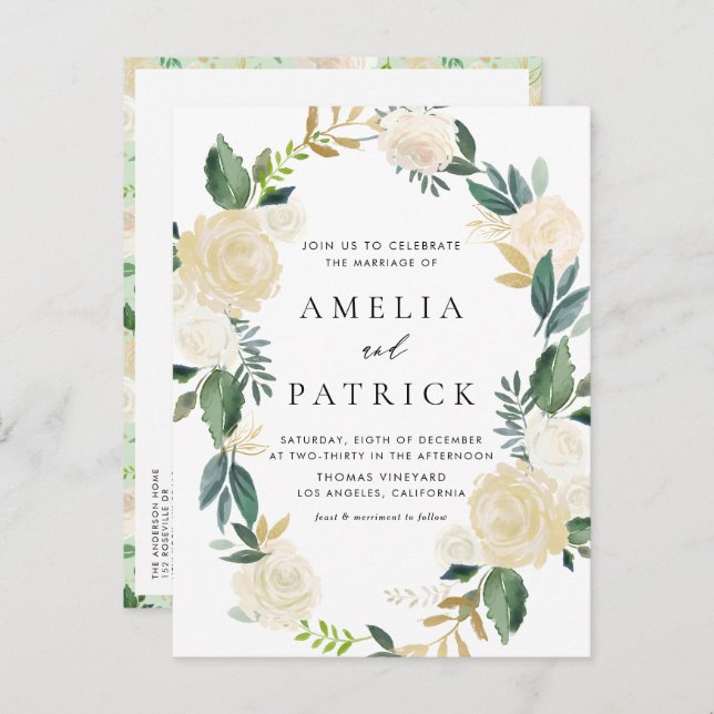 Romantic Soft Ivory Floral Wreath Wedding Invitation Postcard (Front/Back)