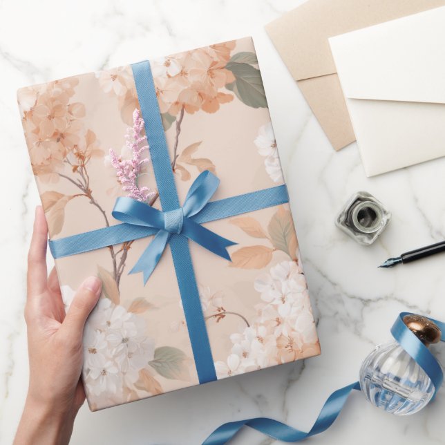 Romantic Soft Peach Flower White Floral Pattern Wrapping Paper (Gifting)