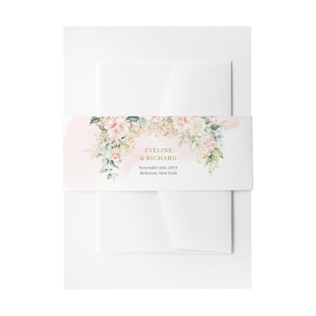Romantic soft pink roses eucalyptus gold wedding invitation belly band (Front Example)