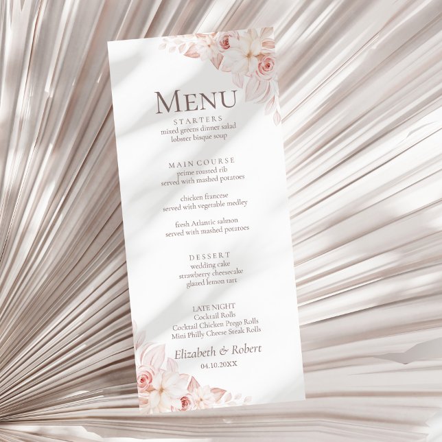 Romantic Soft Pink Roses Wedding Menu (Romantic Soft Pink Roses Wedding Menu on a sunny white dry palm leaf.)