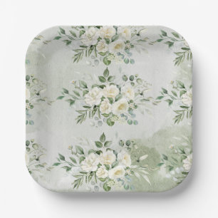 Romantic Soft Sage Green Floral Garden Wedding Paper Plate
