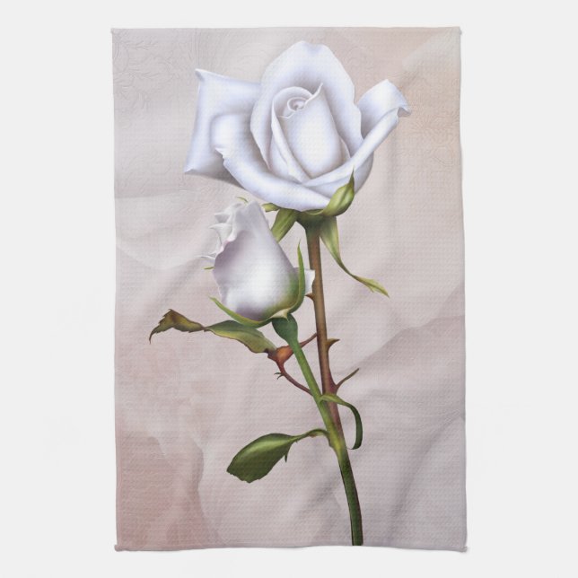 Romantic Soft White Roses Elegant Floral Glam Tea Towel (Vertical)