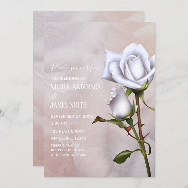 Romantic Soft White Roses Elegant Floral Wedding Invitation (Front/Back)