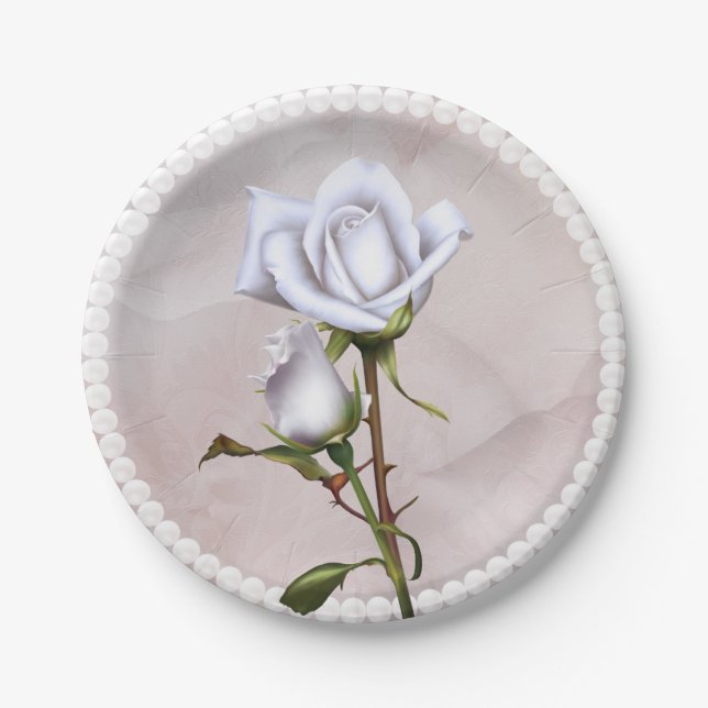 Romantic Soft White Roses Elegant Floral Wedding Paper Plate (Front)