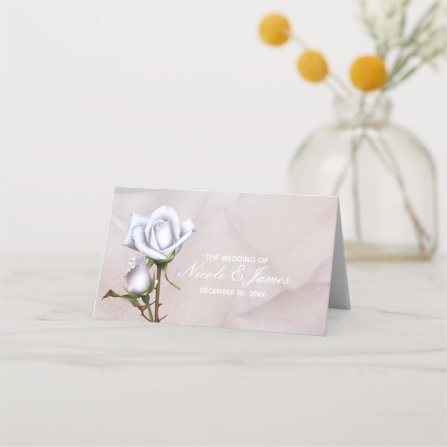 Romantic Soft White Roses Elegant Wedding Table Place Card (Front)