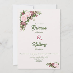 Romantic Soft Wine & Pink Peony Botanical Wedding Invitation