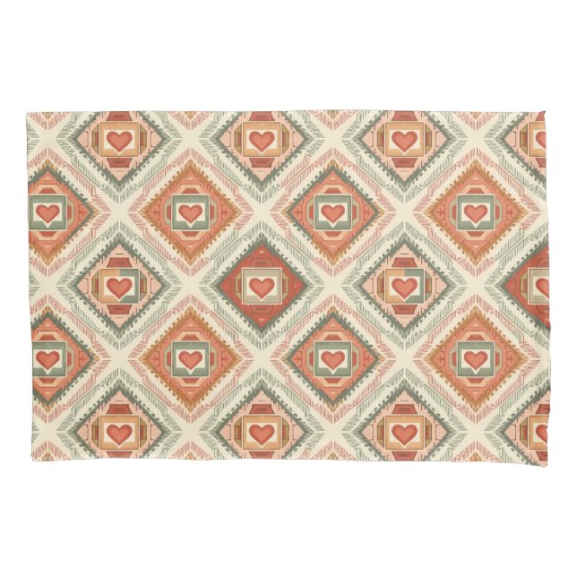 Romantic Southwestern Heart Pattern Peach & Sage Pillowcase (Front)