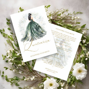 Romantic Spanish Quinceañera in Green & Golden  Invitation