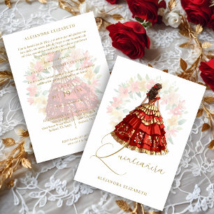 Romantic Spanish Quinceañera in Red & Golden  Invitation