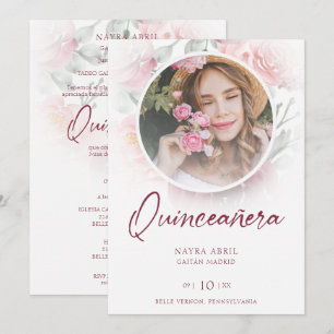 Romantic Spanish Quinceañera Photo Floral in Pink Invitation