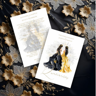 Romantic Spanish Quinceañera Twins in Black Yellow Invitation