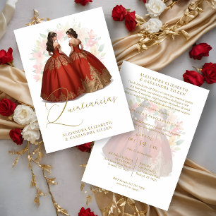 Romantic Spanish Quinceañera Twins Red & Golden  Invitation