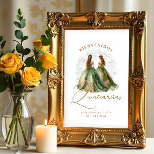 Romantic Spanish Quinceañeras Twins Dolls in Green Poster