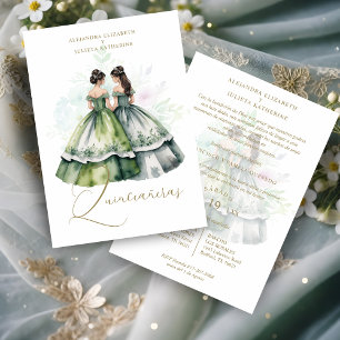 Romantic Spanish Quinceañeras Twins Green Shades Invitation