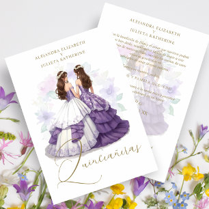 Romantic Spanish Quinceañeras Twins Purple Shades Invitation