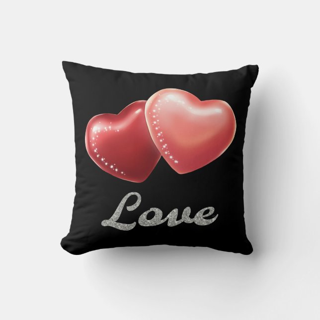 Romantic Sparkling Red Hearts "Love" Glitter Desig Cushion (Front)