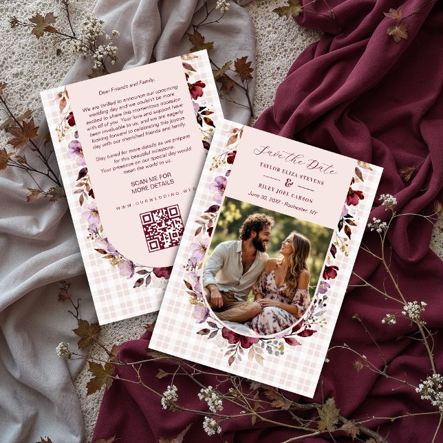 Romantic Spring Burgundy Floral Arch Wedding Save The Date (Romantic Spring-Inspired Burgundy Floral Arch Wedding Save the Date Design with Back Photo.)