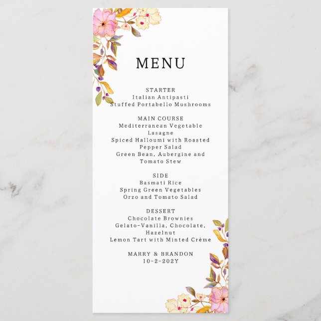  Romantic Spring  Floral Wedding Menu Card (Front)