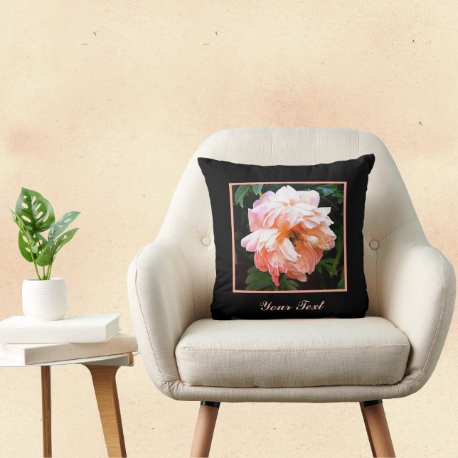 Romantic Spring Peach Peony on Black Personalised  Cushion (Creator Uploaded)
