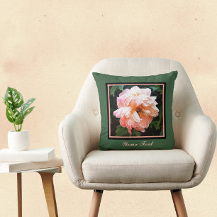 Romantic Spring Peach Peony on Green Cushion